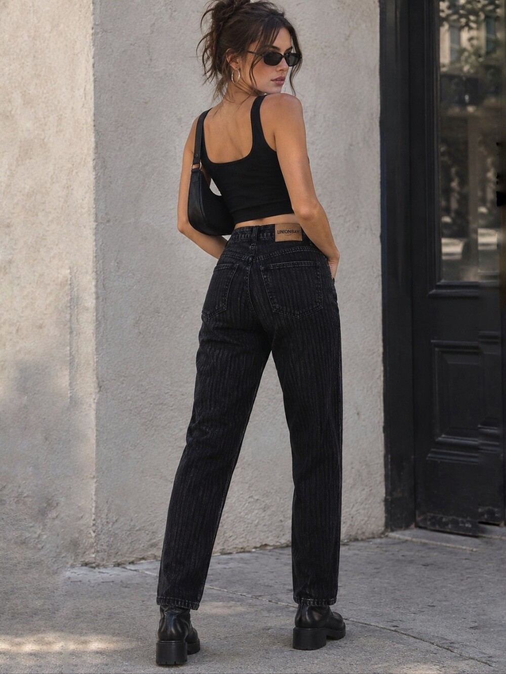 Vintage Y2K Unionbay high waisted tapered black denim jeans stripes womens 5 NWT